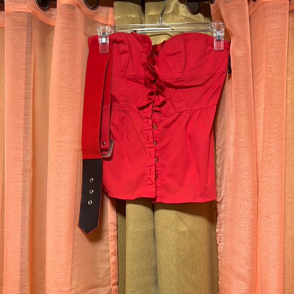 Red strapless shirt with matching belt